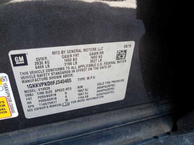 Photo 9 VIN: 1GKKVPKD8FJ349465 - GMC ACADIA SLE 