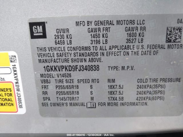 Photo 8 VIN: 1GKKVPKD9FJ340838 - GMC ACADIA 