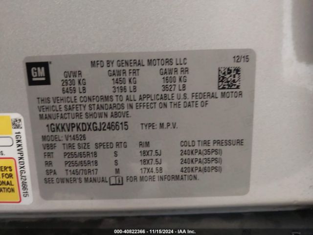 Photo 8 VIN: 1GKKVPKDXGJ246615 - GMC ACADIA 