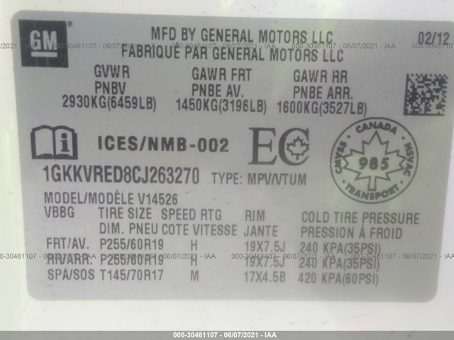 Photo 8 VIN: 1GKKVRED8CJ263270 - GMC ACADIA 