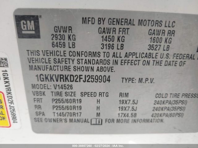 Photo 8 VIN: 1GKKVRKD2FJ259904 - GMC ACADIA 