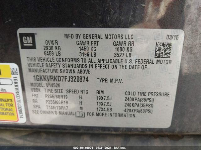 Photo 8 VIN: 1GKKVRKD7FJ320874 - GMC ACADIA 