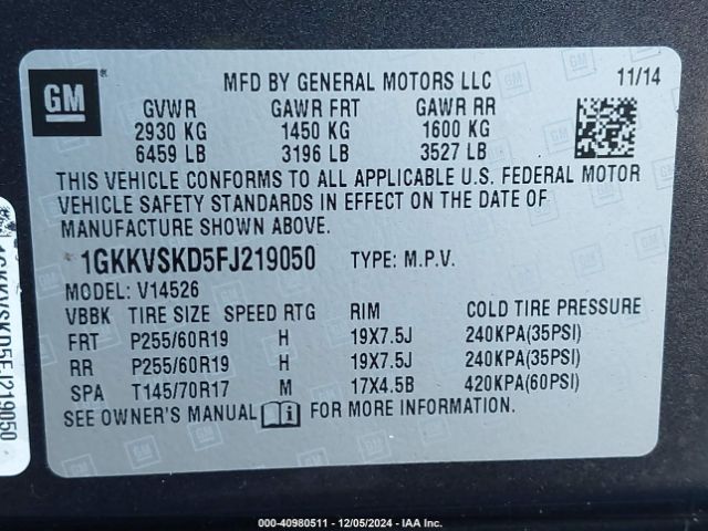 Photo 8 VIN: 1GKKVSKD5FJ219050 - GMC ACADIA 