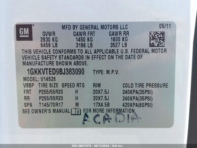 Photo 8 VIN: 1GKKVTED9BJ383090 - GMC ACADIA 