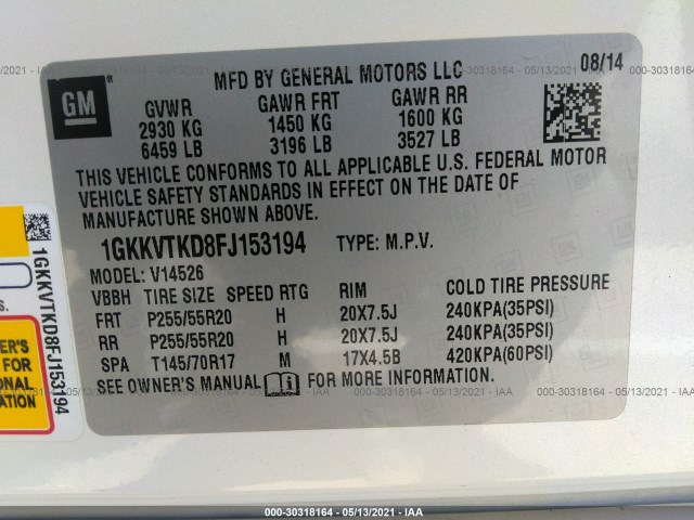 Photo 8 VIN: 1GKKVTKD8FJ153194 - GMC ACADIA 