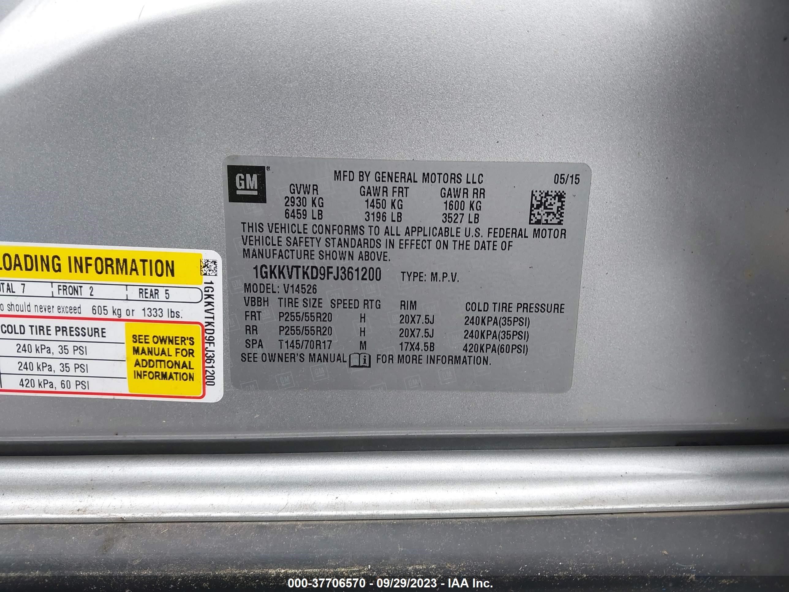 Photo 8 VIN: 1GKKVTKD9FJ361200 - GMC ACADIA 