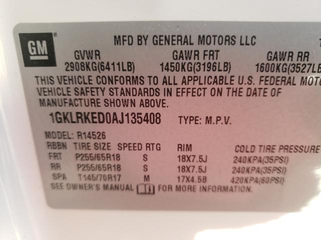 Photo 9 VIN: 1GKLRKED0AJ135408 - GMC ACADIA SL 