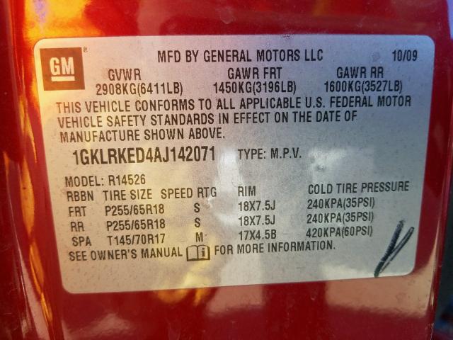 Photo 9 VIN: 1GKLRKED4AJ142071 - GMC ACADIA SL 