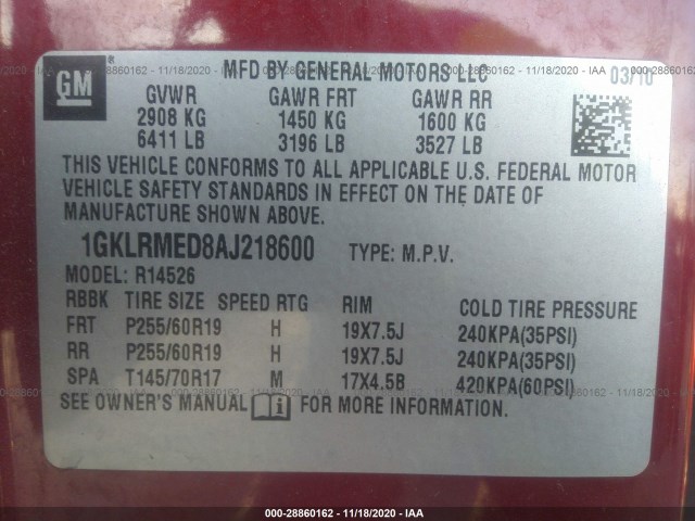 Photo 8 VIN: 1GKLRMED8AJ218600 - GMC ACADIA 