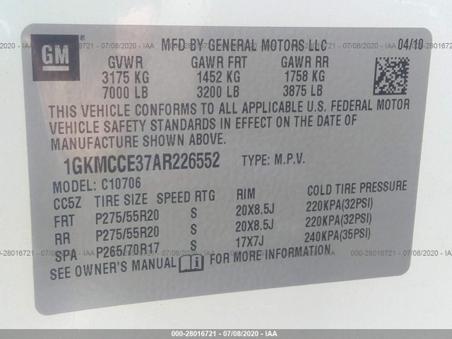 Photo 8 VIN: 1GKMCCE37AR226552 - GMC YUKON 