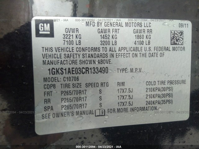 Photo 8 VIN: 1GKS1AE03CR133490 - GMC YUKON 