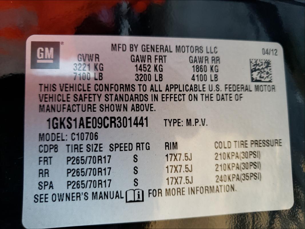 Photo 9 VIN: 1GKS1AE09CR301441 - GMC YUKON SLE 