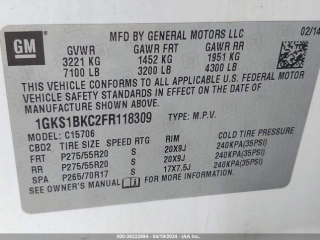 Photo 8 VIN: 1GKS1BKC2FR118309 - GMC YUKON 