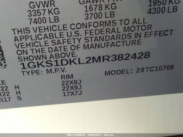 Photo 8 VIN: 1GKS1DKL2MR382428 - GMC YUKON 