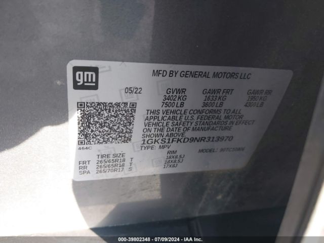 Photo 8 VIN: 1GKS1FKD9NR313970 - GMC YUKON XL 