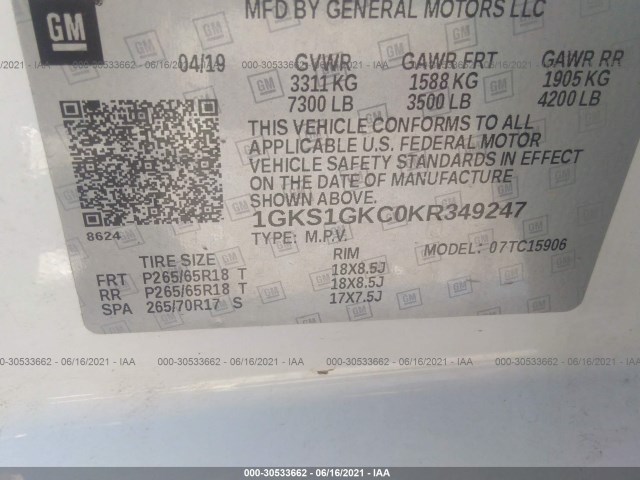 Photo 8 VIN: 1GKS1GKC0KR349247 - GMC YUKON XL 