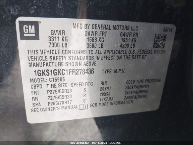 Photo 8 VIN: 1GKS1GKC1FR278436 - GMC YUKON XL 1500 