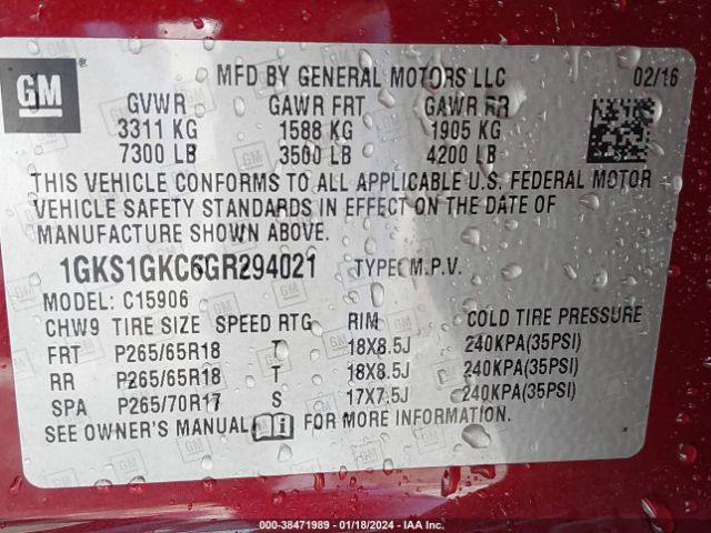 Photo 8 VIN: 1GKS1GKC6GR294021 - GMC YUKON XL 