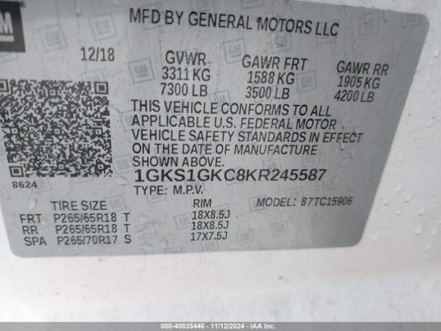 Photo 8 VIN: 1GKS1GKC8KR245587 - GMC YUKON XL 