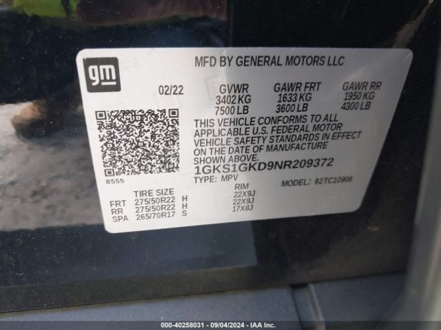 Photo 8 VIN: 1GKS1GKD9NR209372 - GMC YUKON XL 