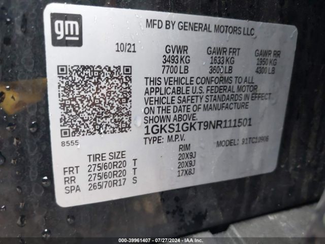 Photo 8 VIN: 1GKS1GKT9NR111501 - GMC YUKON XL 