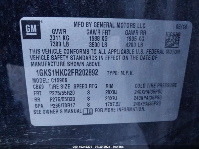 Photo 8 VIN: 1GKS1HKC2FR202892 - GMC YUKON XL 