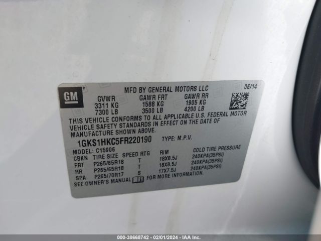 Photo 8 VIN: 1GKS1HKC5FR220190 - GMC YUKON XL 1500 