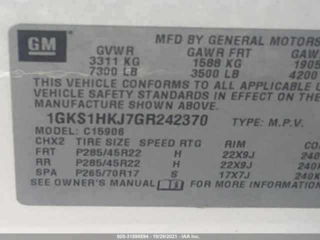 Photo 8 VIN: 1GKS1HKJ7GR242370 - GMC YUKON XL 