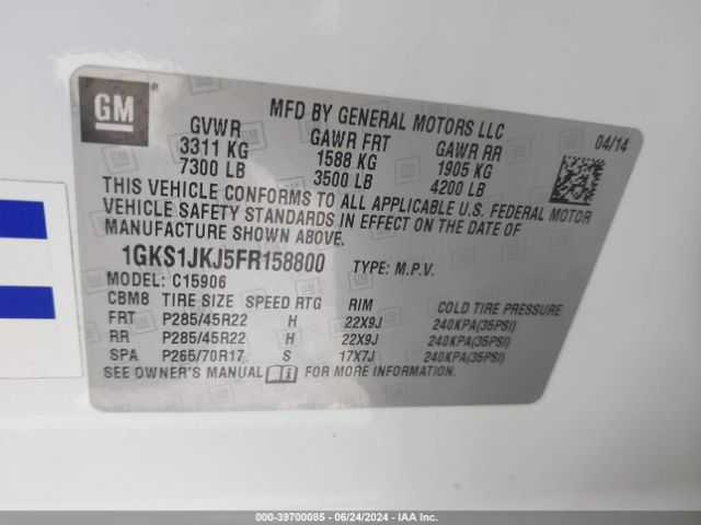 Photo 8 VIN: 1GKS1JKJ5FR158800 - GMC YUKON XL 