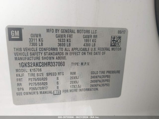 Photo 8 VIN: 1GKS2AKC8HR337060 - GMC YUKON 