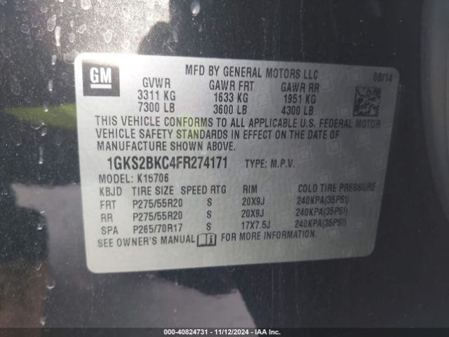 Photo 8 VIN: 1GKS2BKC4FR274171 - GMC YUKON 