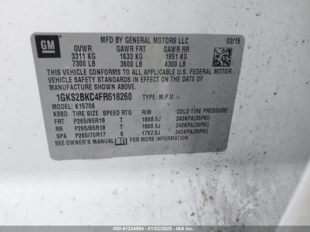 Photo 8 VIN: 1GKS2BKC4FR618260 - GMC YUKON 