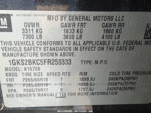 Photo 8 VIN: 1GKS2BKC5FR250333 - GMC YUKON 