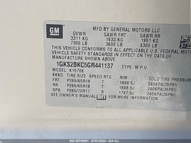 Photo 8 VIN: 1GKS2BKC5GR441137 - GMC YUKON 