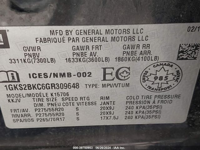 Photo 8 VIN: 1GKS2BKC6GR309648 - GMC YUKON 