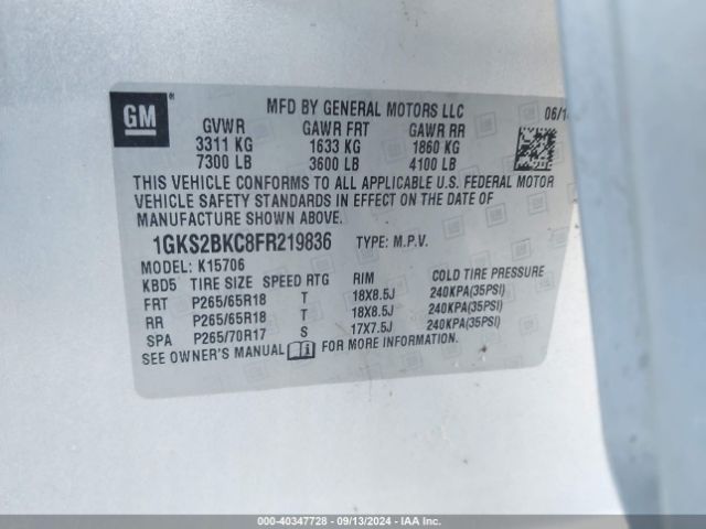 Photo 8 VIN: 1GKS2BKC8FR219836 - GMC YUKON 