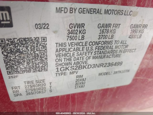 Photo 8 VIN: 1GKS2BKD3NR236499 - GMC YUKON 