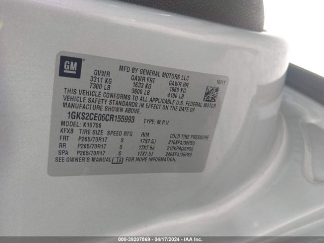 Photo 8 VIN: 1GKS2CE06CR155993 - GMC YUKON 