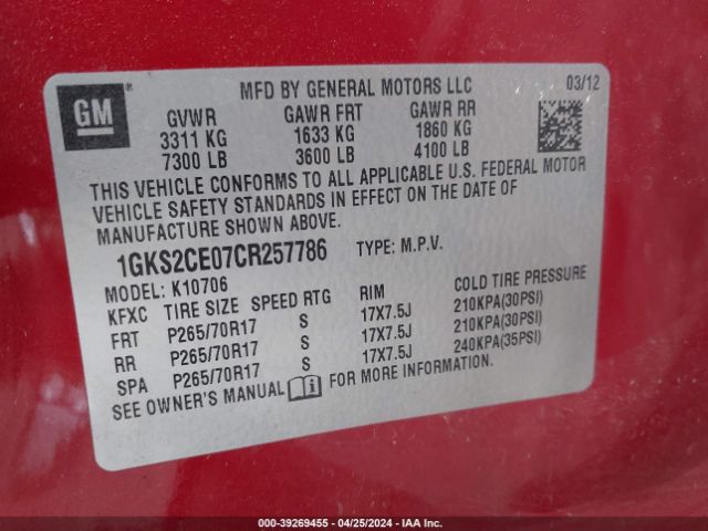 Photo 8 VIN: 1GKS2CE07CR257786 - GMC YUKON 