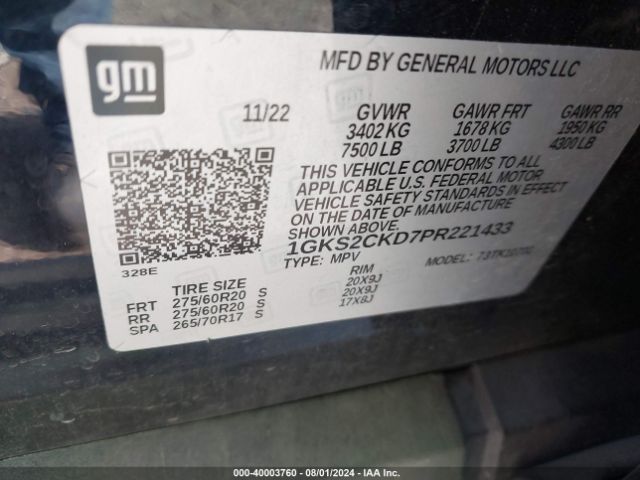 Photo 8 VIN: 1GKS2CKD7PR221433 - GMC YUKON 