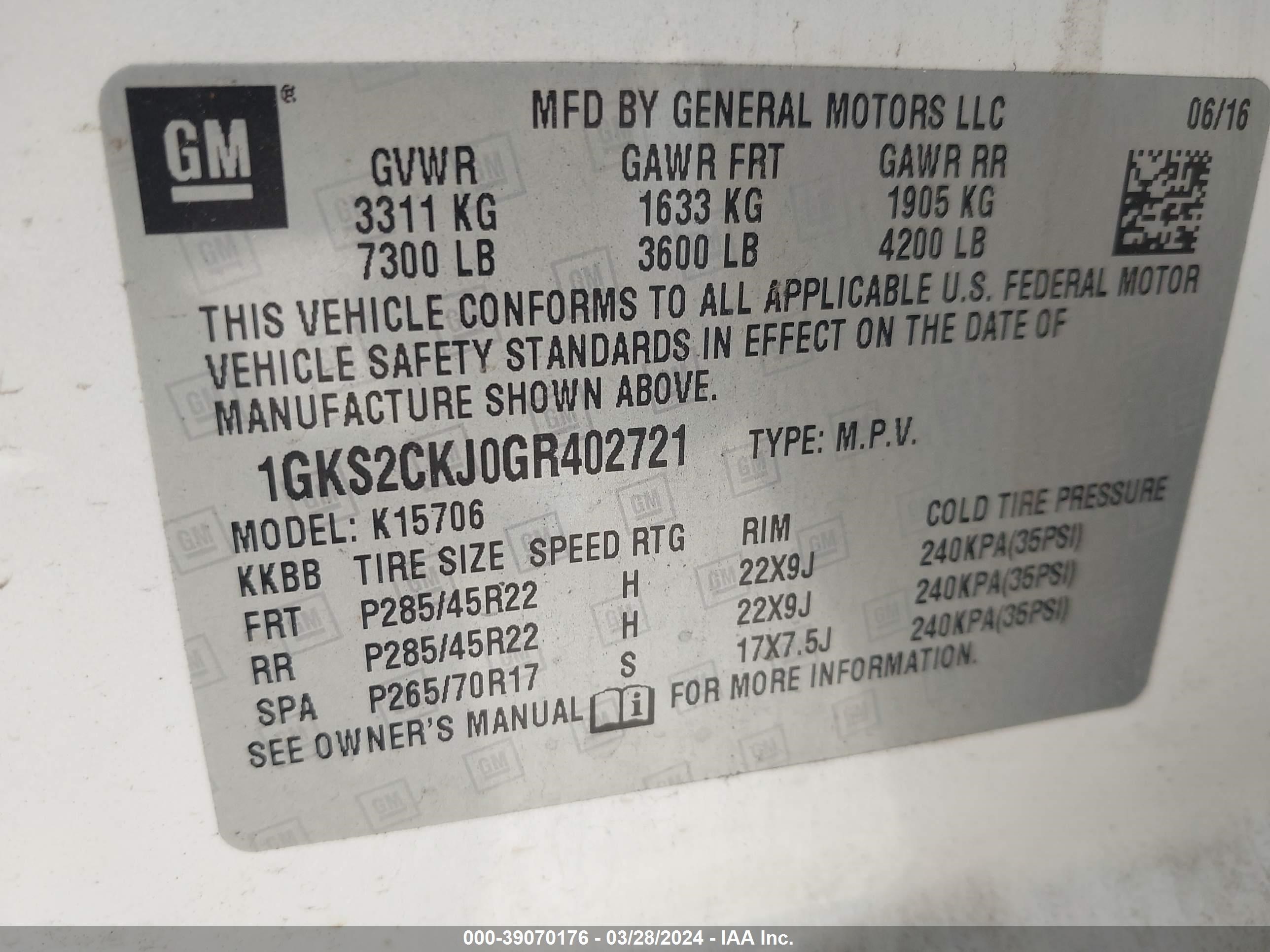 Photo 8 VIN: 1GKS2CKJ0GR402721 - GMC YUKON 