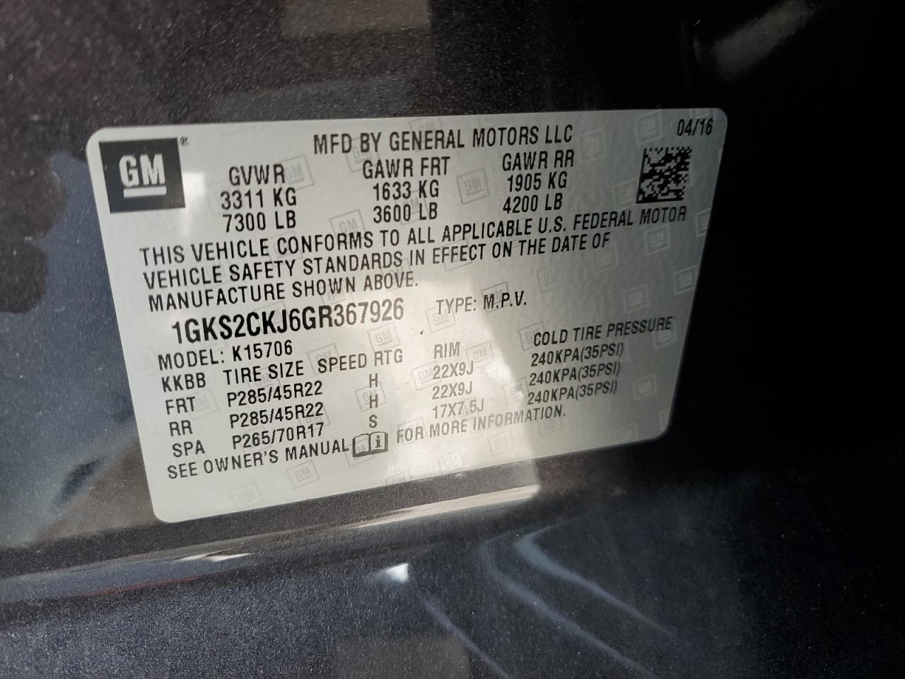 Photo 12 VIN: 1GKS2CKJ6GR367926 - GMC YUKON 