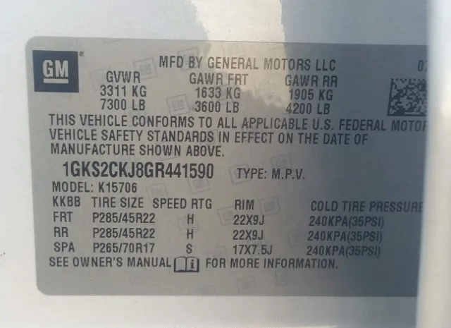 Photo 8 VIN: 1GKS2CKJ8GR441590 - GMC YUKON 