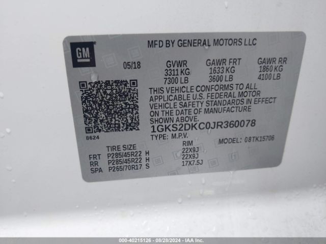 Photo 8 VIN: 1GKS2DKC0JR360078 - GMC YUKON 