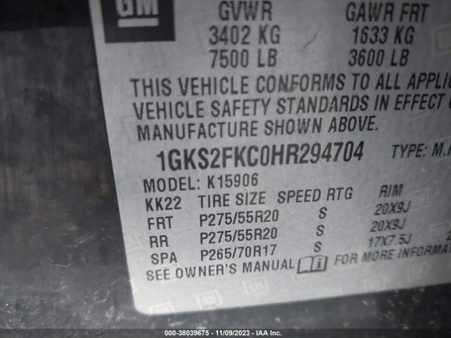 Photo 8 VIN: 1GKS2FKC0HR294704 - GMC YUKON XL 