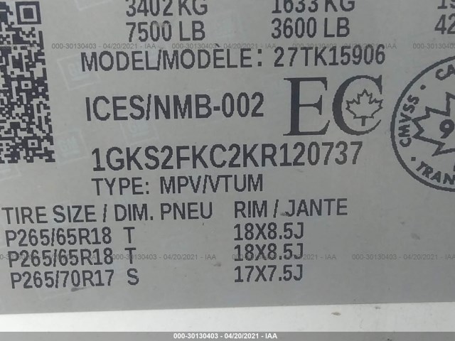 Photo 8 VIN: 1GKS2FKC2KR120737 - GMC YUKON XL 