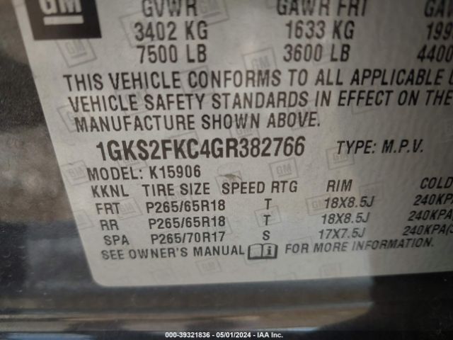 Photo 8 VIN: 1GKS2FKC4GR382766 - GMC YUKON XL 