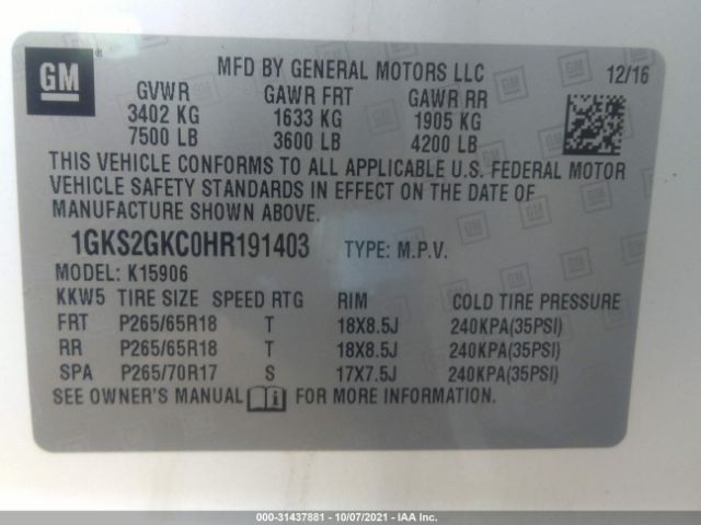 Photo 8 VIN: 1GKS2GKC0HR191403 - GMC YUKON XL 