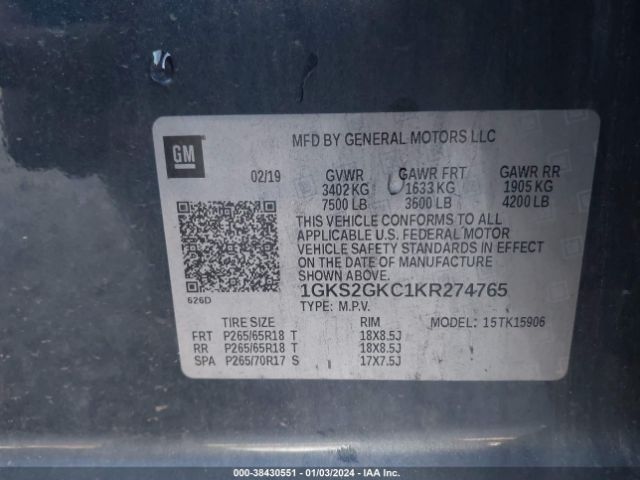 Photo 8 VIN: 1GKS2GKC1KR274765 - GMC YUKON XL 