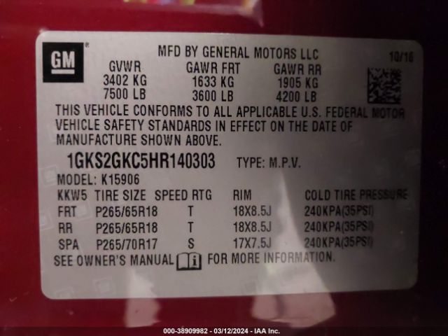 Photo 8 VIN: 1GKS2GKC5HR140303 - GMC YUKON XL 